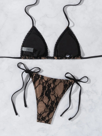 Sexy Mesh Black Bikini 2026 Women Brazilian Lace Push Up Tie Side Thong Swimsuit Beach Bathing Suit Holiday Swimwear Biquini