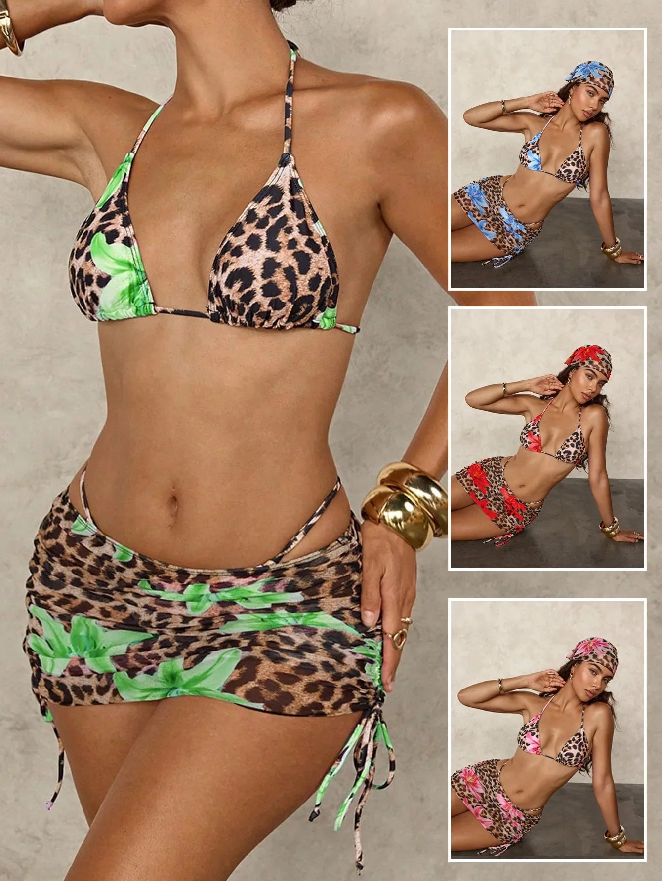Sexy Pink Floral Leopard Print Bikini 2026 Women Push Up Mesh Skirt Band 4 Piece Swimsuit Beach Bathing Suit Holiday Swimwear