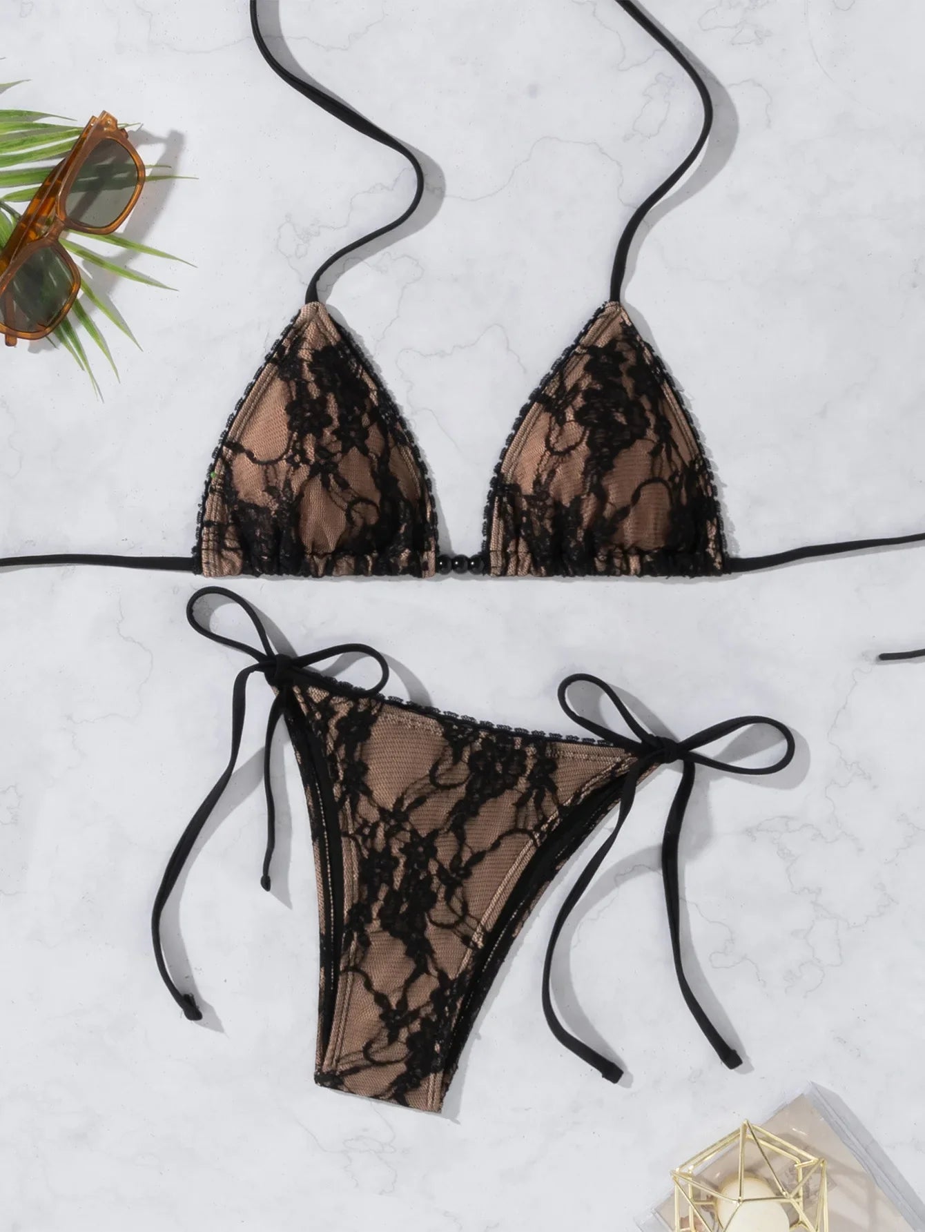 Sexy Mesh Black Bikini 2026 Women Brazilian Lace Push Up Tie Side Thong Swimsuit Beach Bathing Suit Holiday Swimwear Biquini