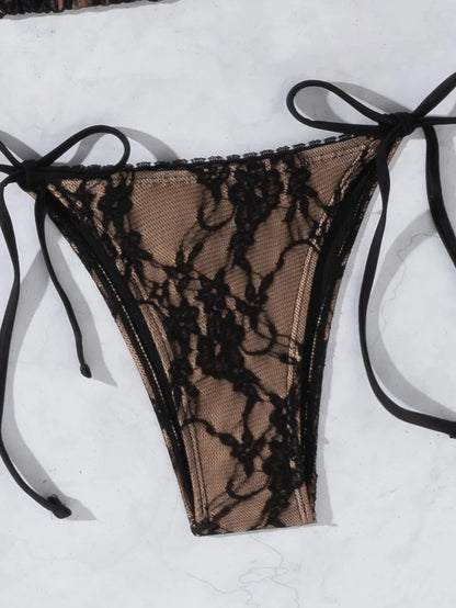 Sexy Mesh Black Bikini 2026 Women Brazilian Lace Push Up Tie Side Thong Swimsuit Beach Bathing Suit Holiday Swimwear Biquini