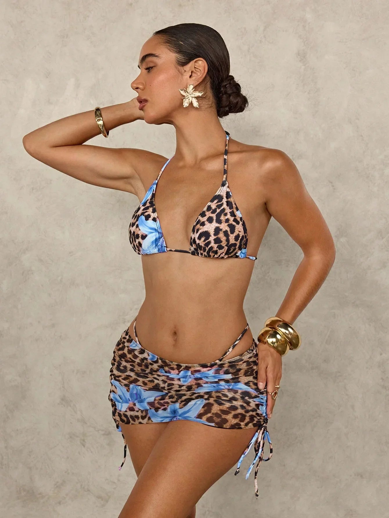 Sexy Pink Floral Leopard Print Bikini 2026 Women Push Up Mesh Skirt Band 4 Piece Swimsuit Beach Bathing Suit Holiday Swimwear
